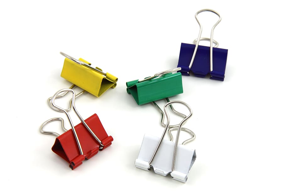 five assorted-color binder clips, Metal, blue, green, office HD wallpaper