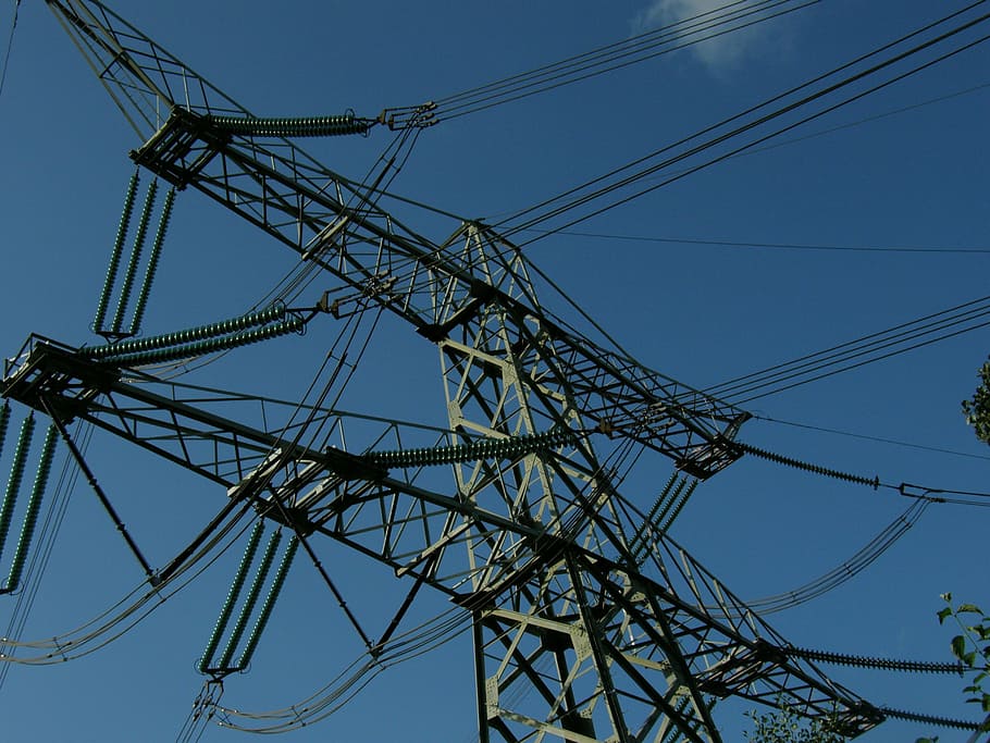 pylon, high voltage, electricity, cable, technology, sky, power supply HD wallpaper