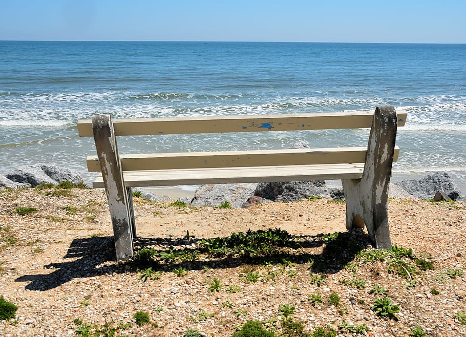 Bench Seat, Beach, View, Seascape, outdoors, waves, ocean, sky, HD wallpaper