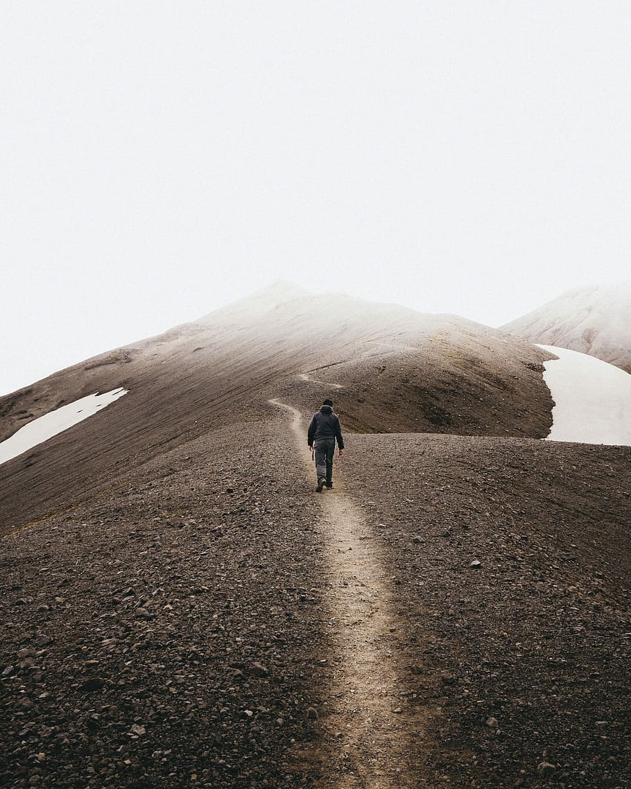 man walking on mountain, person walks on pathway in hill top, HD wallpaper