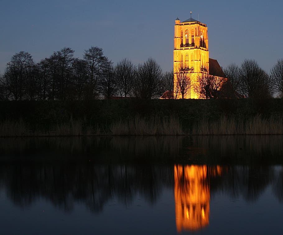 brielle, church tower, night, reflection, architecture, built structure HD wallpaper