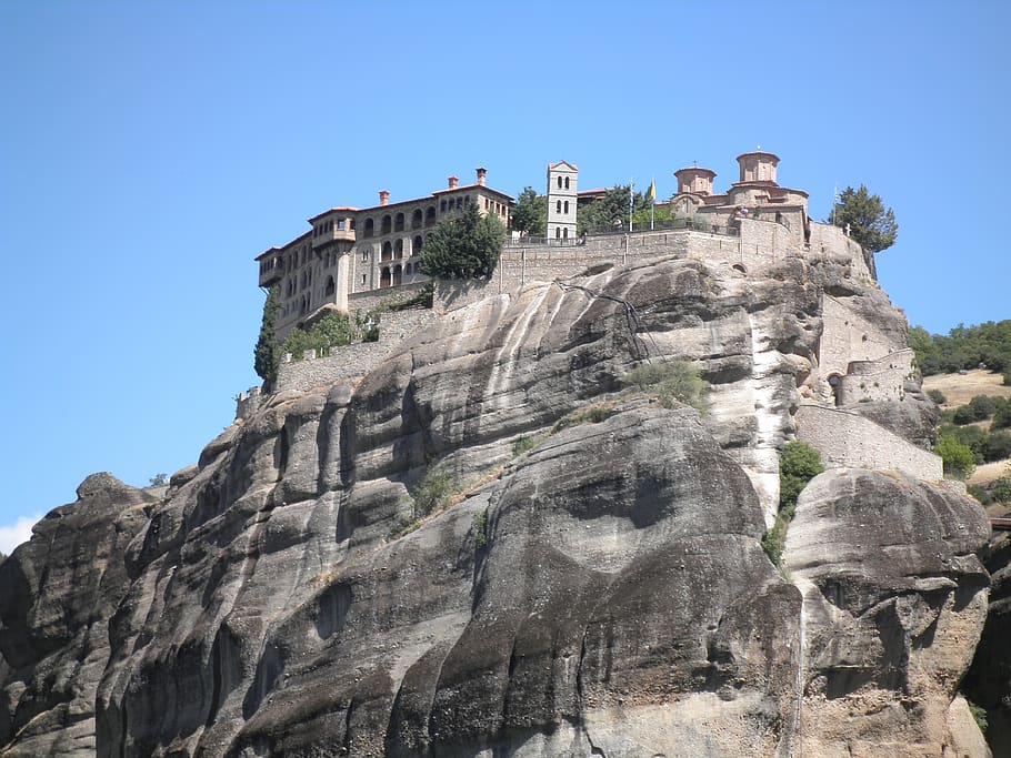 greece, meteora, monastery, montain, sky, low angle view, nature HD wallpaper
