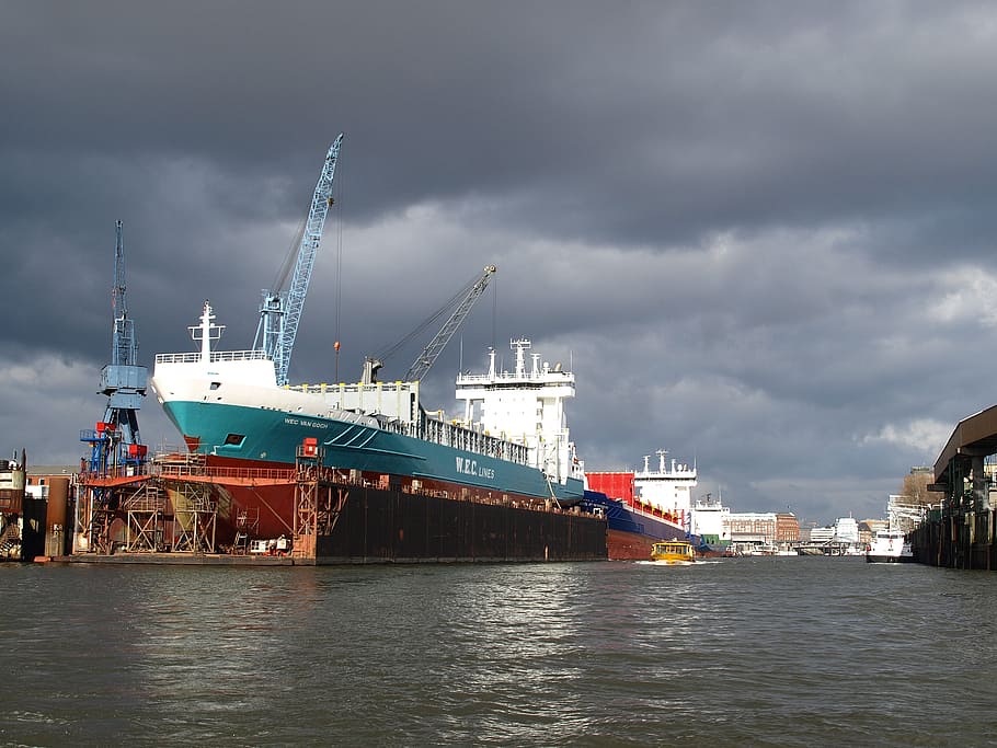 green ship, shipyard, port, hamburg, elbe, norderwerft, water HD wallpaper