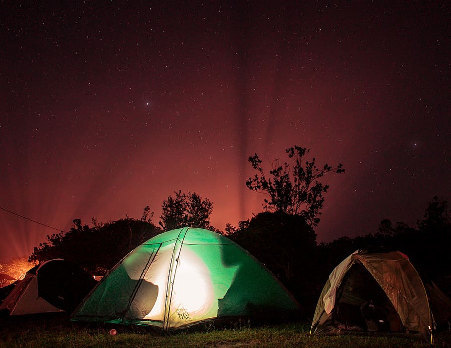 green lighted outdoor tent, green tent in forest, camping, sky HD wallpaper