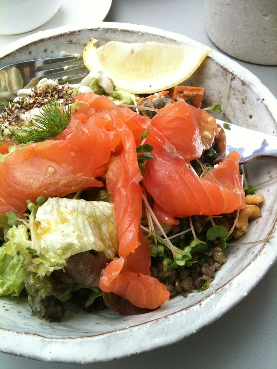 salmon, salad, healthy, fish, food, lunch, fresh, delicious HD wallpaper