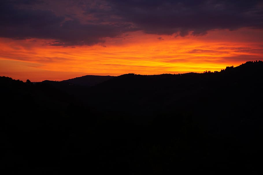 sunset, orange sky, setting sun, view, evening, colors, horizon HD wallpaper