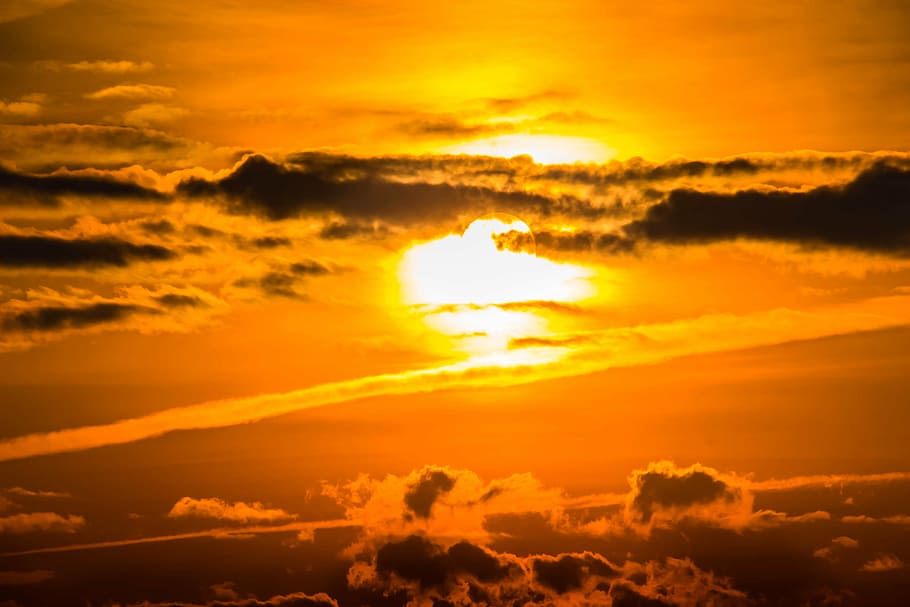 sunset, setting sun, abendstimmung, clouds, bright cloud, dark clouds HD wallpaper