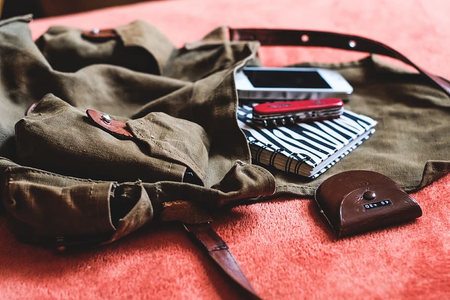 notebook, phone, and multi-tool on crossbody bag, Backpack HD wallpaper