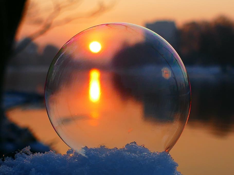 bubble on snow beside body of water, soap bubble, winter, wintry HD wallpaper