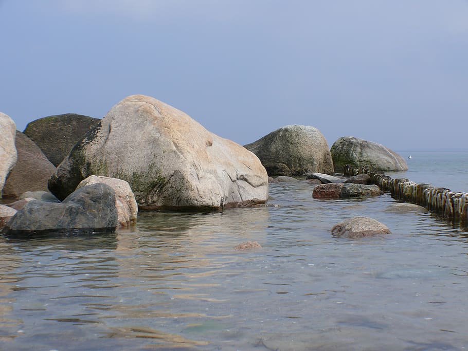 rock, sea, sky, coast, stones, lake, water, blue, clouds, waters HD wallpaper