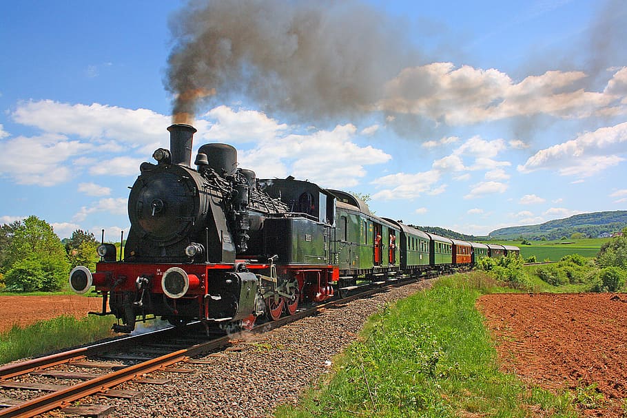 landscape photo of train, railway, railway line, motor, steam