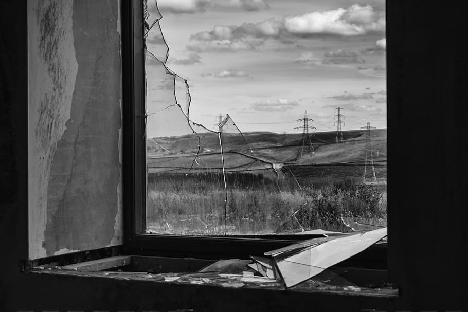 grayscale photo of broke glass, Broken, Window, Damage, Destruction HD wallpaper