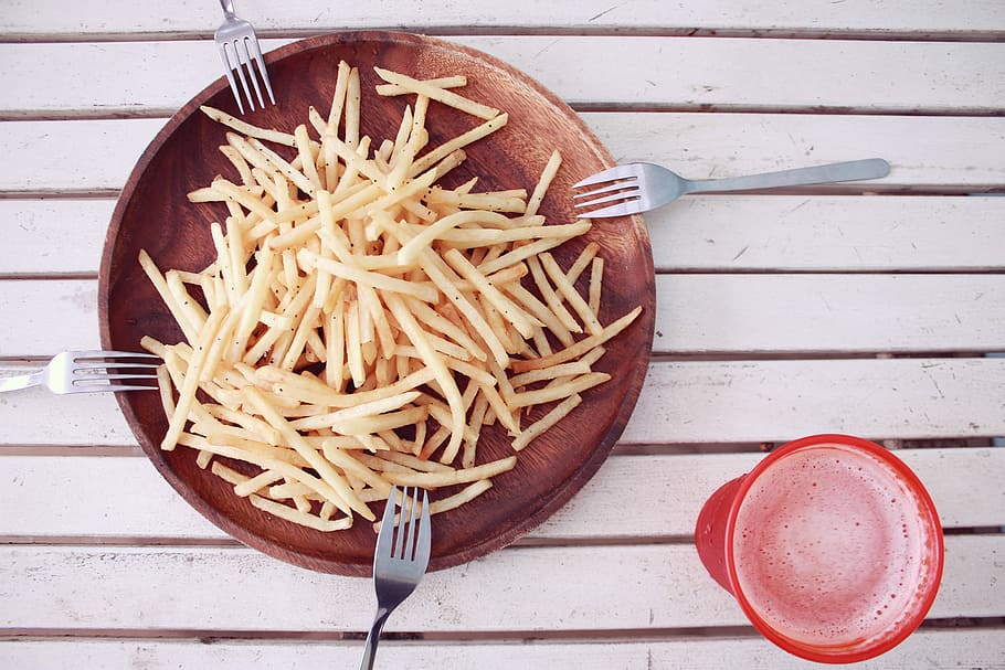 four stainless steel fork, round plate and french fries, food HD wallpaper