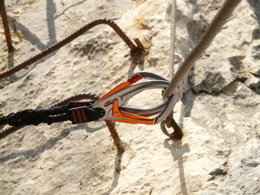 gray and orange carabiner, carbine, rope, hook, backup, climbing, HD wallpaper