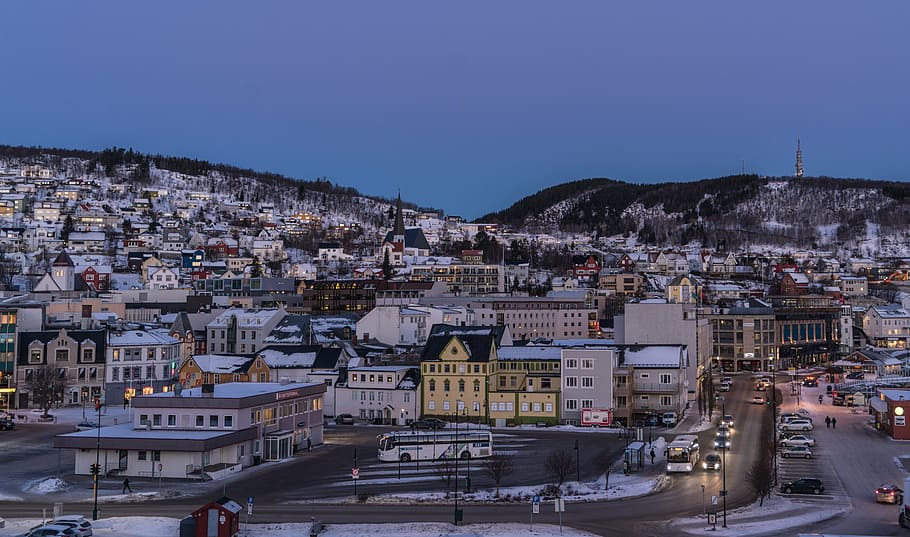aerial photo of city houses, norway, coast, tromso, architecture HD wallpaper