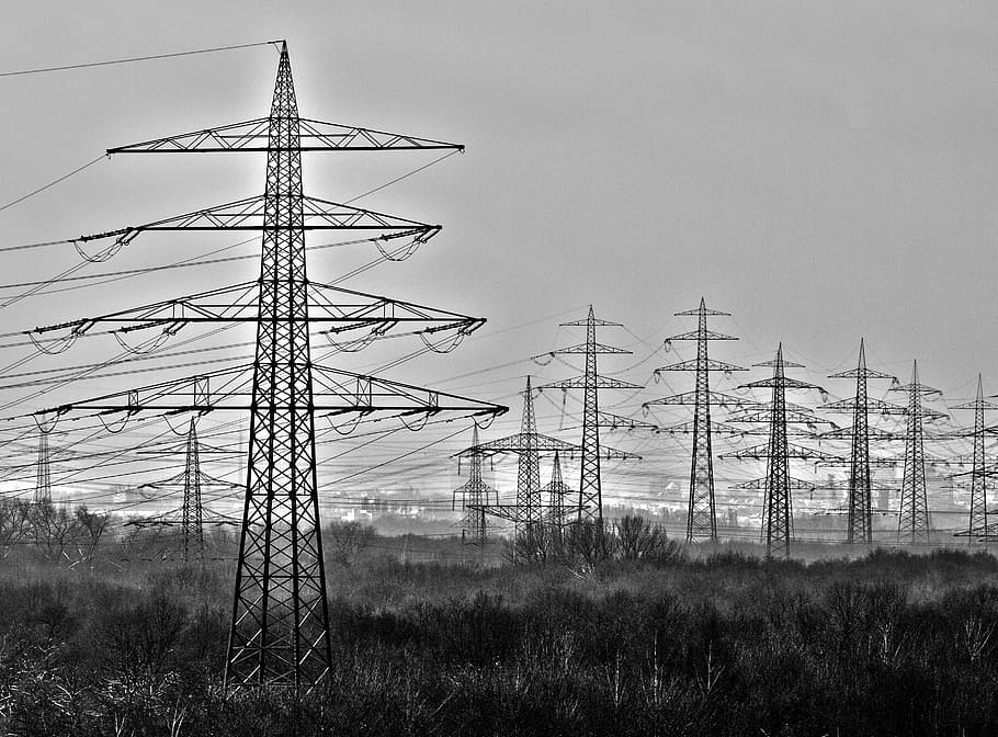 grayscale photo of electric post, energy, current, power poles, HD wallpaper