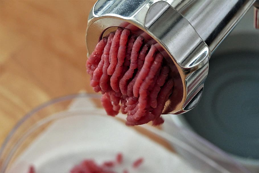 meat in gray metal grinder, mincer, minced meat, food processor, HD wallpaper