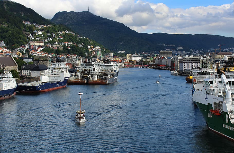 village near body of water and docked ships by day, bergen, entry, HD wallpaper