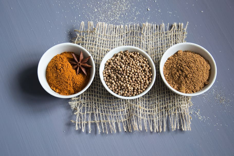 three bowl with seeds, spices, kitchen, ingredients, food, preparation, HD wallpaper