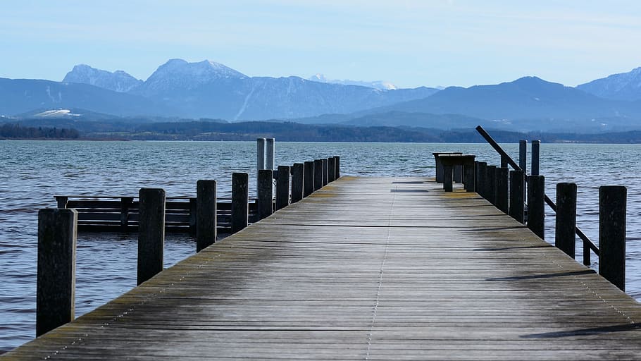 sea dock near mountain range, boardwalk, web, waters, lake HD wallpaper