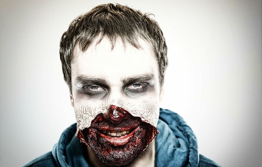 man with makeup wears blue hoodie, zombie, spooky, horror, make-up, HD wallpaper