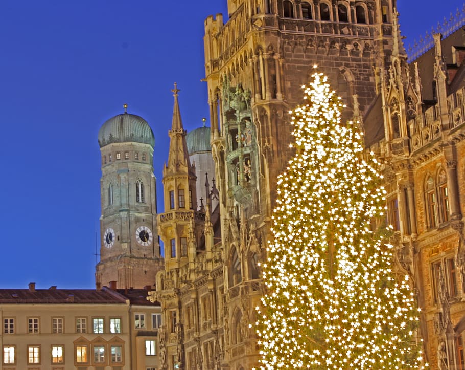 christmas, munich, town hall, marienplatz, frauenkirche, bavaria
