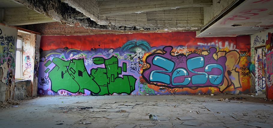 lost places, graffiti, ruin, industrial building, leave, decay