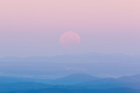 aerial view of mountains, moon, landscape, dawn, sky, mood HD wallpaper