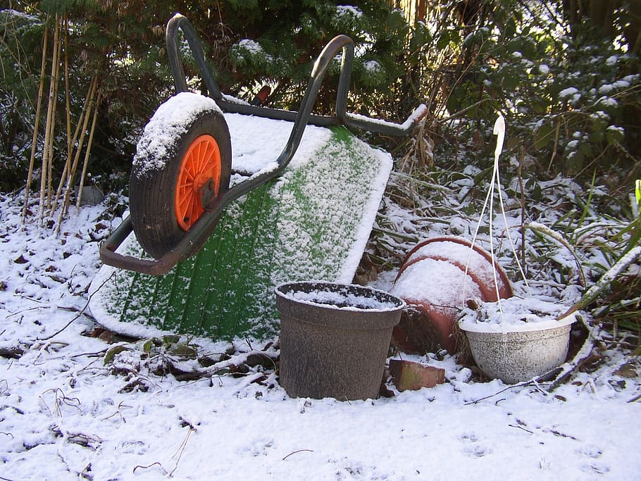 wheelbarrow, snow, winter, garden, equipment, trolley, snowflake, HD wallpaper