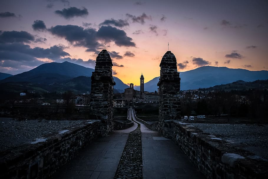 city, dawn, landscape, mountains, architecture, clouds, dark HD wallpaper