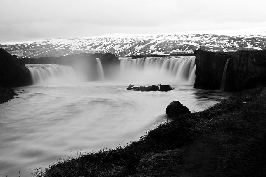 grayscale photo of body of water, waterfall, river, stream HD wallpaper