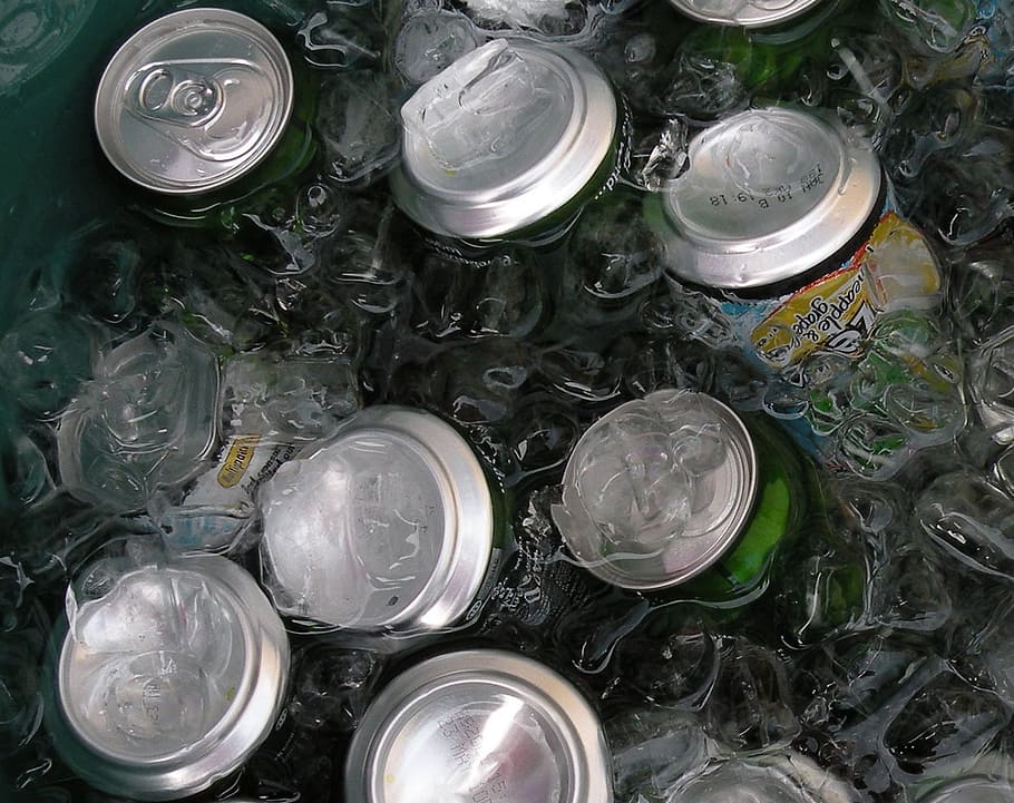 cans, drinks, ice, water, aluminum, chilled, high angle view HD wallpaper