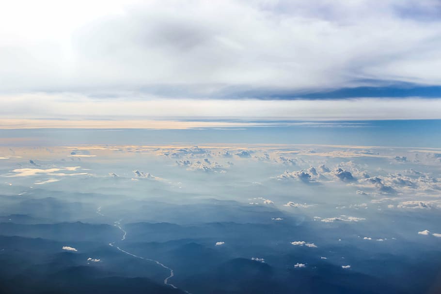 body of water, clouds on the world, sky, cloud view, blue, white HD wallpaper