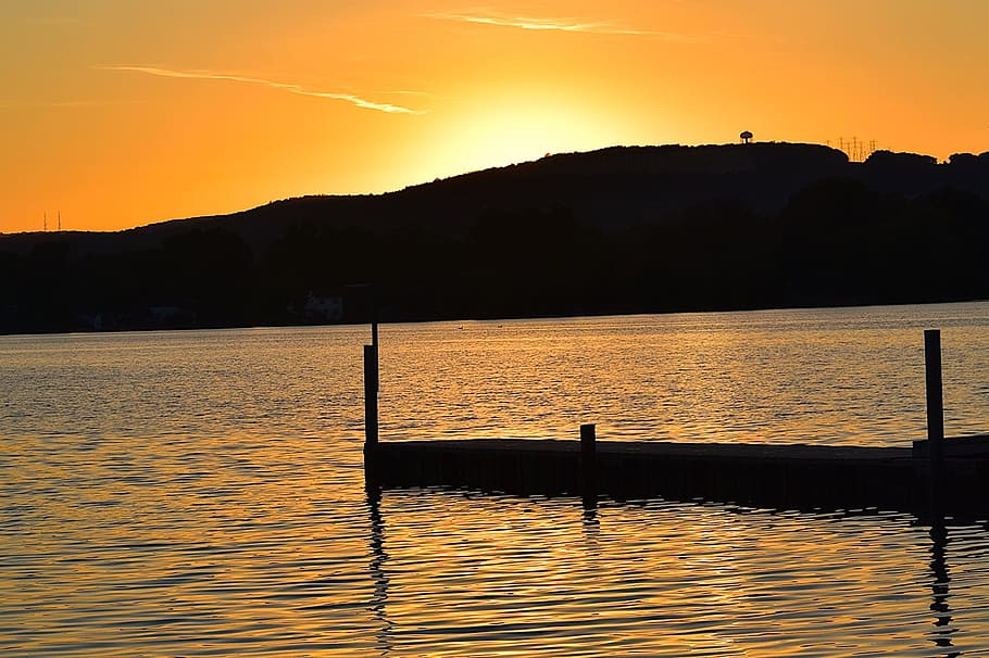 sunset, lake, water, dock, nature, sky, landscape, summer, reflection HD wallpaper