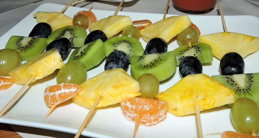 fruit, skewer, pineapple, grapes, kiwi, orange, dish, appetizer HD wallpaper