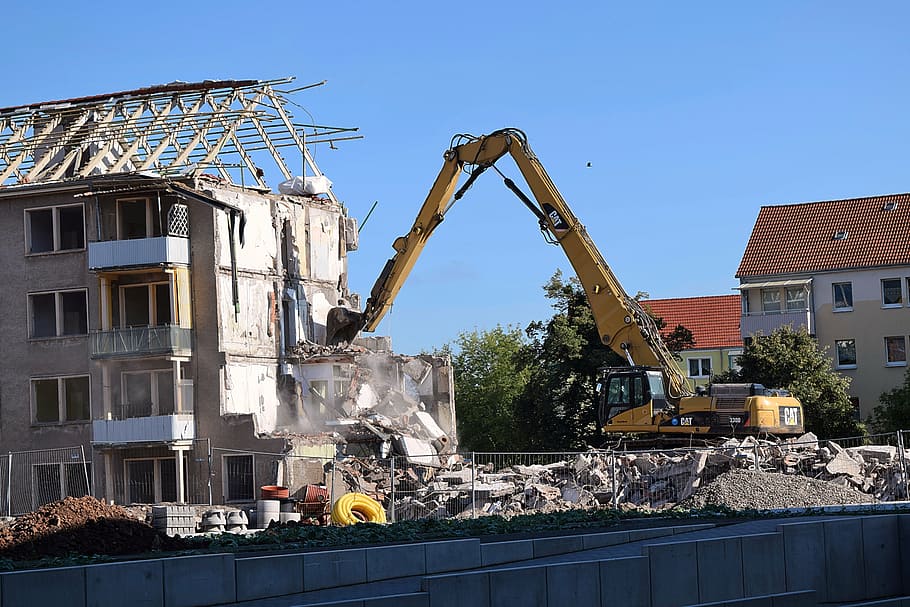 demolition, excavators, building rubble, demolition work, machinery HD wallpaper