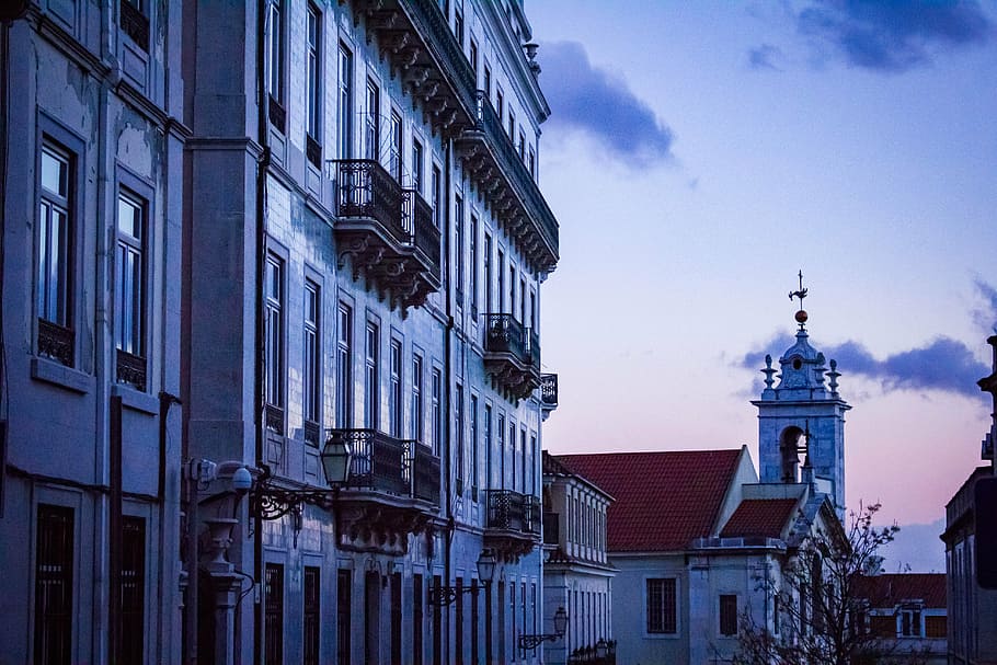 buildings, city, clouds, dawn, dusk, sky, tower, tree, urban HD wallpaper