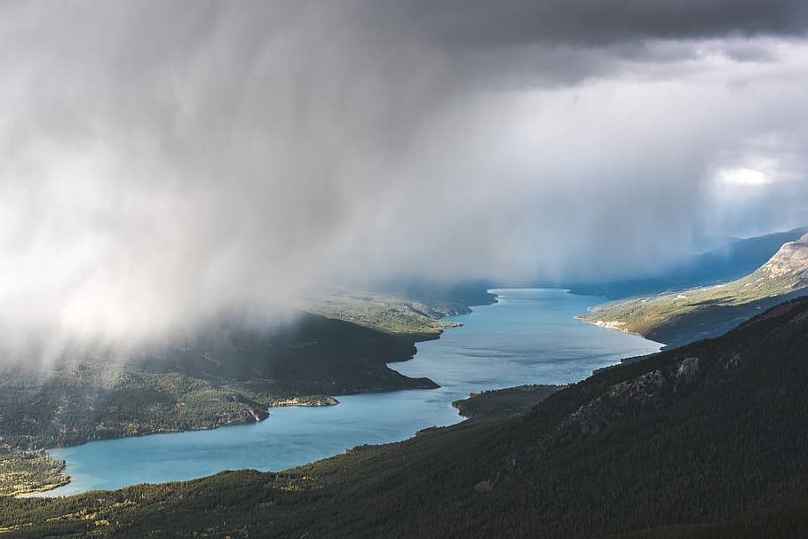 body of water between mountain, lake, cloud, landscape, forest HD wallpaper