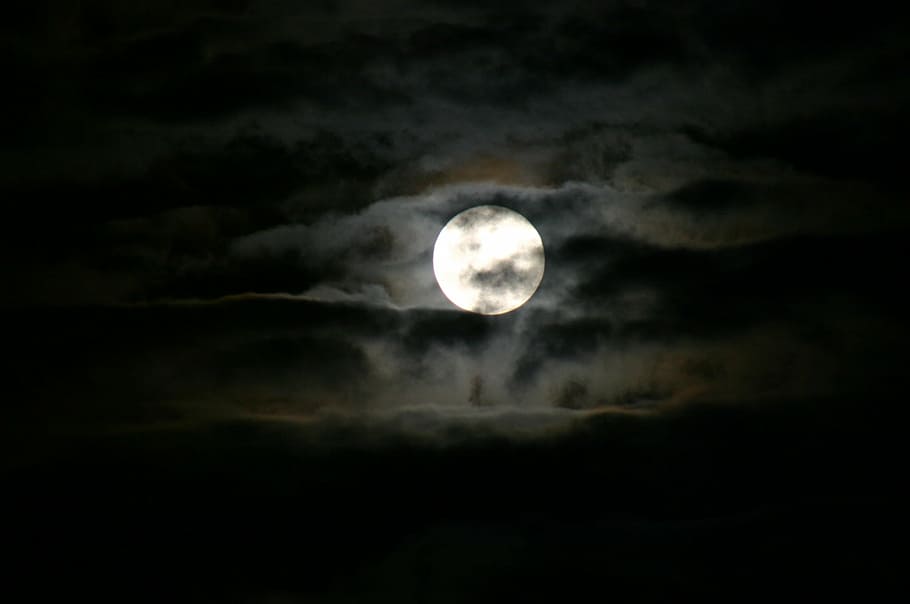 moon with clouds at night, sky, dark, black, moonlight, space