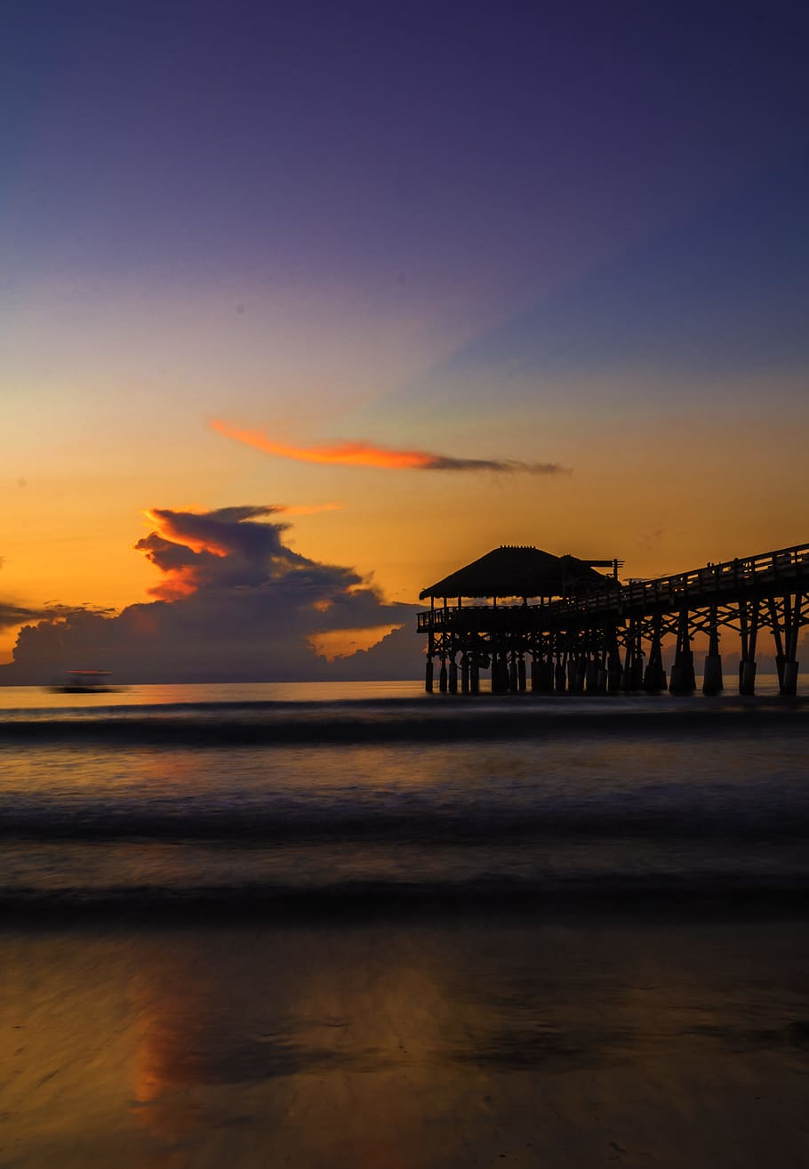 Photography of a Dock During Sunset, afterglow, beach, clouds HD wallpaper