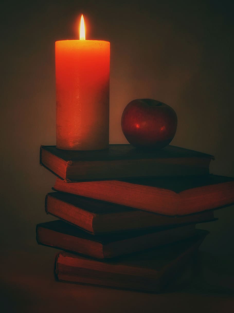 HD wallpaper: candle, book stack, books, read, apple, still life, bright |  Wallpaper Flare