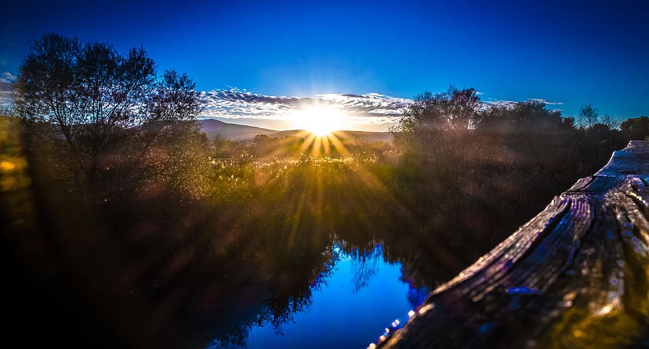 sunset, west, lake, nature, tree, sky, plant, sunbeam, sunlight HD wallpaper