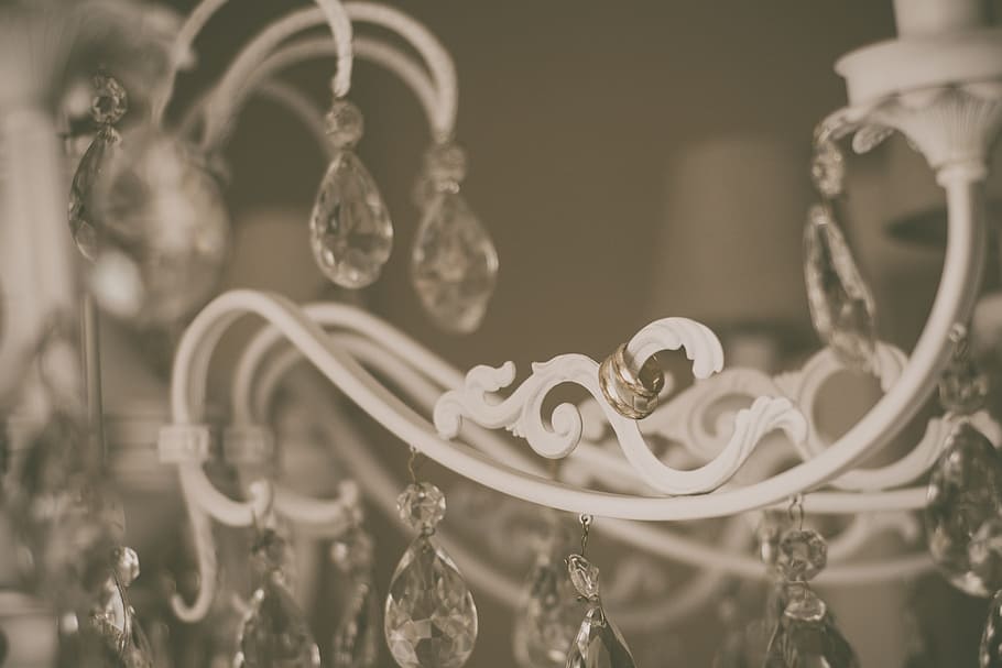 white metal framed crystal chandelier, wedding, rings, marriage HD wallpaper