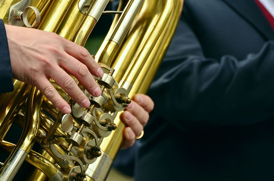 person playing brass air instrument, hands, musical instrument, HD wallpaper