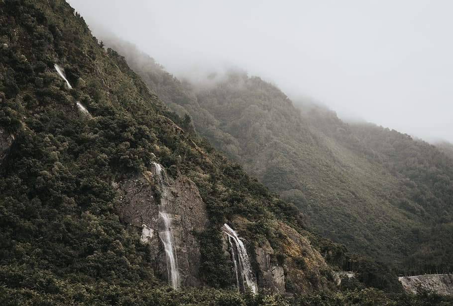 Mountain Rains, waterfall on mountain under foggy sky, tree, landscape HD wallpaper