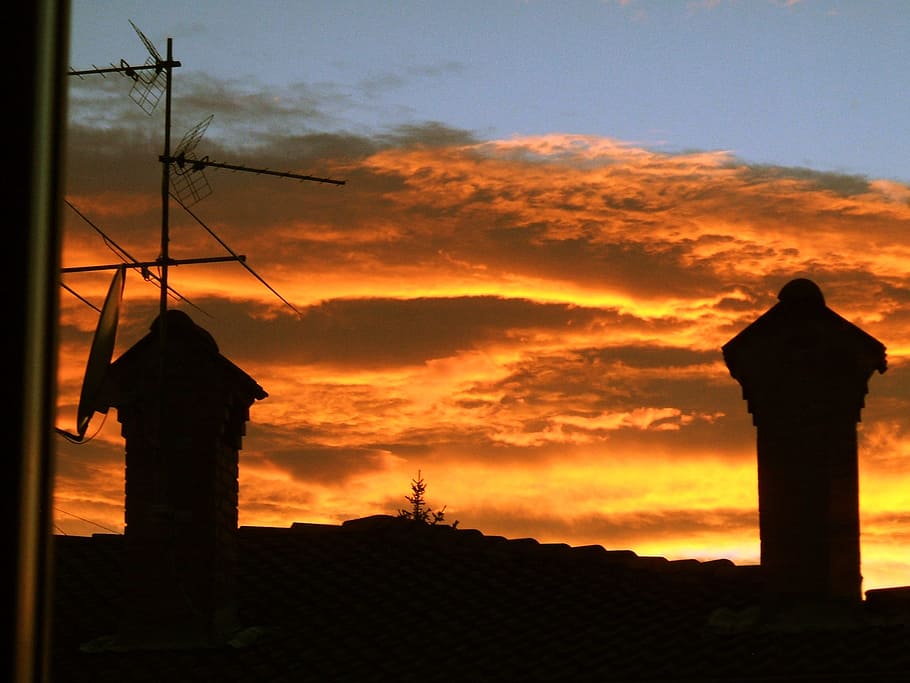 Sunset, Clouds, Roofs, silhouette, back Lit, sky, dusk, nature HD wallpaper
