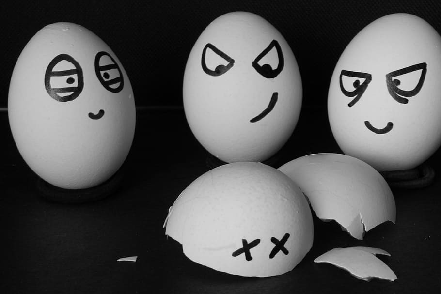 three eggs surrounding broken egg, angry, unhappy, food, fun HD wallpaper