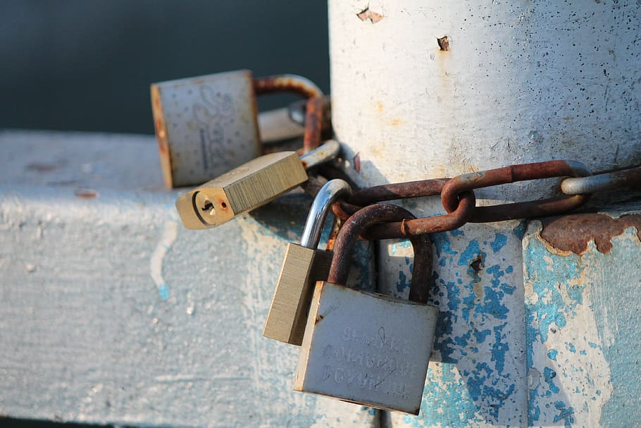 four brass-colored padlocks, love, iron, railing, rust, security HD wallpaper
