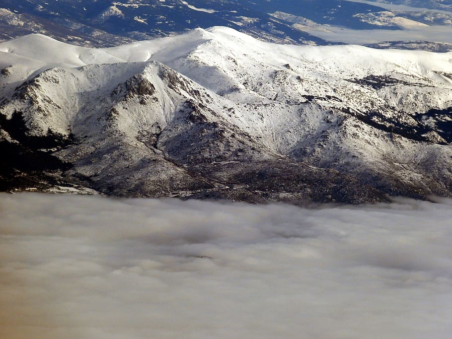 mountain, mountains, snow, winter, flight, clouds, fog, outlook HD wallpaper