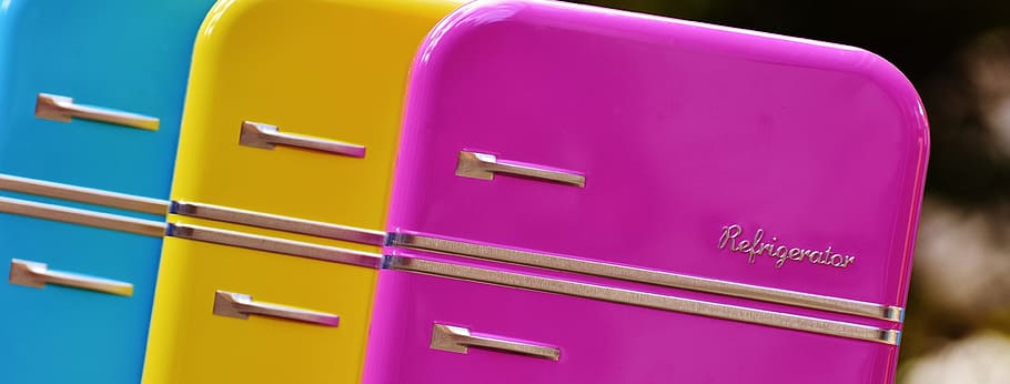 refrigerators, cans, candy jars, blue, yellow, pink, storage HD wallpaper